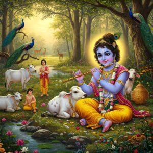 Divine Young Sri Krishna Playing with Cows