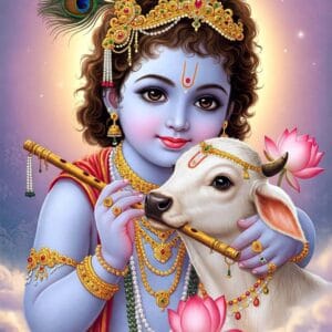 Divine Young Sri Krishna Playing with Cow