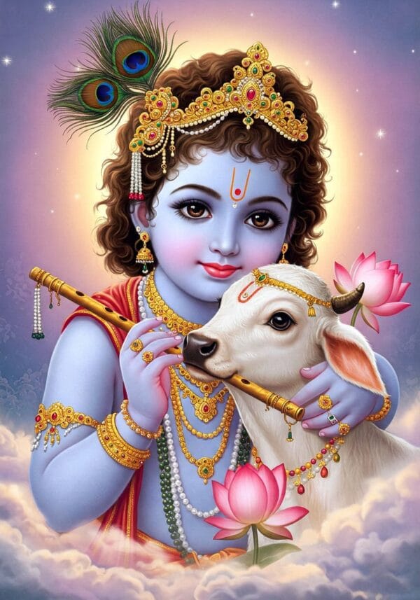 Divine Young Sri Krishna Playing with Cow