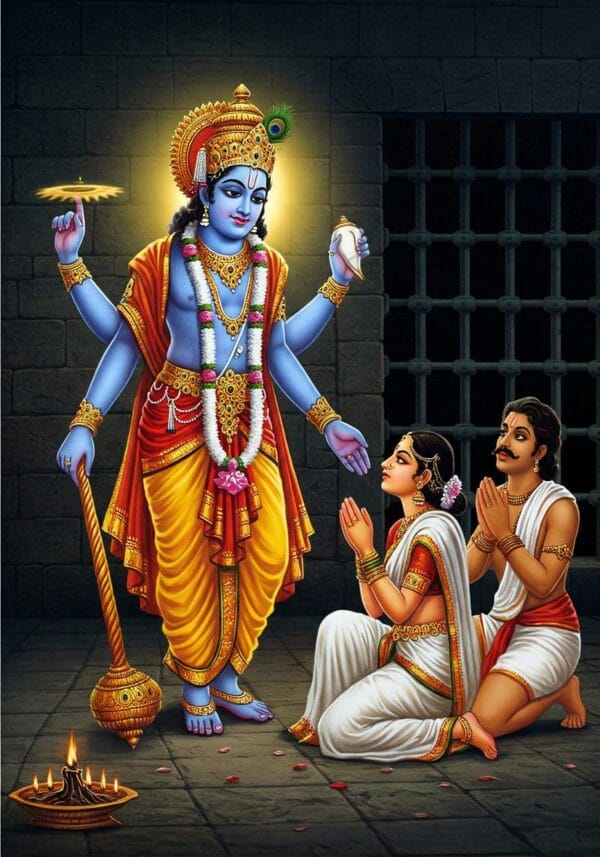 Divine Birth of Sri Krishna at Mathura: Appearance Before Devaki and Vasudeva