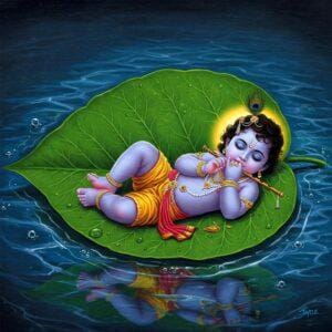 Lord Sri Krishna as Vatapatra Sai Lying on a Banyan Leaf
