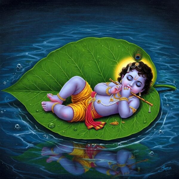 Lord Sri Krishna as Vatapatra Sai Lying on a Banyan Leaf